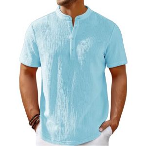 WINKEEY Chemise Homme Henley à Manches Courtes T-Shirt Homme Tunisien Tee Shirt d'été Décontracté, Bleu Clair L (WINKEEY, neuf)