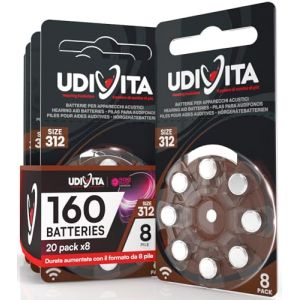 160 Piles Auditives Taille 312 Udivita PR41 (Marron) Zinc-Air Hearing Evolution Technologie Phono Pulse - 20 Blisters de 8 Piles (Eurocali, neuf)