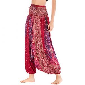 Nuofengkudu Femme Hippie Sarouel Combinaison Pantalon Jumpsuit Taille Haute Large Boheme Fleuri Imprimé Leger Grande Thai Yoga Pants Coloré Ete Plage(Vin Rouge Paon,Taille Unique) (better Life, neuf)