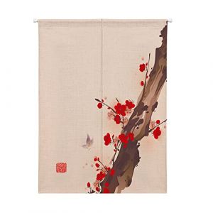 Oduo Noren Rideau de Porte Style Japonais Long Coton et Lin, Rideau Demi-Porte Imprimé de Chinoiserie, Tapisserie Rideau de Séparation de Cuisine de Restaurant (Prune Rouge,85x150cm) (Odot, neuf)