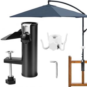 HEKOBAG Support de Parasol, Support Fixation Parasol Balcon avec Crochet pour Parasol, Support Parasol Balcon pour Balustrade en M&eacute;tal, Attache Parasol Balcon pour Parasol, Parapluies, Terrasse (Noir) (LOIZOUPANTELIS, neuf)