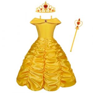 Vicloon Costume Belle pour en Enfant,3pcs Deguisement Belle Deguisement de Belle et La Bête/Cape à Capuche Costume pour Cosplay Mariage Carnaval Fête d'anniversaire,Jaune,140cm (Vicloon®-FR, neuf)