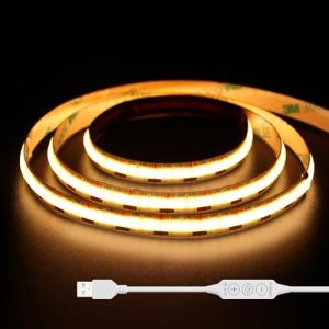 GINGSOW USB Bande Lumineuse LED COB 5V Blanc Chaud 2700K 2M, Dimmable Densit&eacute; 640LEDs Ruban LED COB Flexible D&eacute;coupable Bande LED Pour TV R&eacute;tro&eacute;clairage, Armoire, Chambre, &Eacute;clairage Maison DIY (Apovenus, neuf)