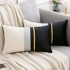 Serento Lot de 2 Housse de Coussin Noir Blanc Patchwork Velours 30x50 cm Bande de Cuir Golden Décoratif Taie d'oreiller Rectangulaire Doux et Moderne pour Chambre Salon Canapé Lit Chaise Voiture (KOOOLET EU, neuf)