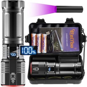 Relybo Lampe Torche LED Ultra Puissante, 600000 Lumens Lampe De Poche LED Ultra Puissante, Lampe Torche LED Puissante Rechargeable USB, XHQ100 Lampe Torche Tactique Militaire Pour Camping Urgence (Relybo-EU, neuf)
