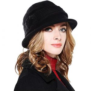 CheChury B&eacute;rets Chapeaux Melon Femme Hiver Femme Fleur &eacute;l&eacute;gante Laine Chaud R&eacute;tro Casquette Simple Beret Bonnets Cloche Chapeau Chapeau de D&ocirc;me,Noir (LYworld, neuf)