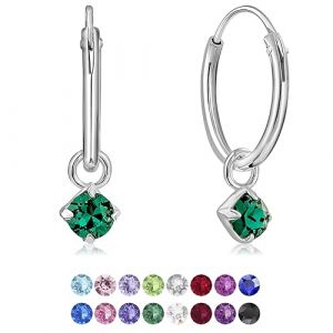 DTPsilver&reg; Boucles d'oreilles PETITES Cr&eacute;oles en Argent Fin 925 avec petit Pendentif 3 mm Cristaux de Swarovski&reg; Elements Ronds - &Eacute;paisseur 1.2 mm - Diam&egrave;tre: 12 mm - Couleur: Emeraude (DTPSilver, neuf)