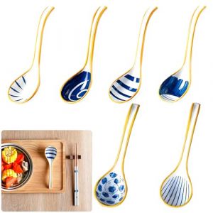 Xiuyer 6Pcs Cuill&egrave;res &agrave; Soupe Japonaises Et Cor&eacute;ennes Poign&eacute;e Incurv&eacute;e C&eacute;ramique Ramen Chinoise Cuill&egrave;re &agrave; Riz Cuill&egrave;re &agrave; Soupe Pour C&eacute;r&eacute;ales Ramen Pho Wonton Bouillie (Xiuyer, neuf)