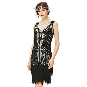 BABEYOND 1920 Flapper Robe Femme V Cou Robe Perl&eacute;e Gatsby sans Manche Robe Frang&eacute;e avec Paillette 1920 Party F&ecirc;te Bal Soir&eacute;e Art D&eacute;co (BABEYOND  FR, neuf)