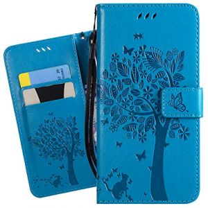 Ougger Etui pour Huawei P Smart 2019 Etui Cuir Portefeuille Magn&eacute;tique Protecteur Pochette Bumper Silicone Flip Cover Coque pour Huawei P Smart 2019 avec Porte-Cartes Cr&eacute;dit, Chat & Arbre (Bleu) (Yuemmy, neuf)