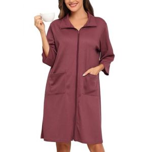 Lovasy Peignoir Femme à Fermeture Éclair Robe de Chambre Court en Tricot Gaufré Kimono Doux et Léger Longueur du Genou Loungewear avec Poches A Rose haricot XXL (Lovasy Direct, neuf)