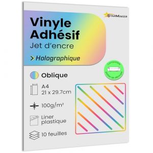 A4 x 10 Feuilles Autocollant Vinyle Holographique avec liner Plastique, Papier adh&eacute;sif compatible imprimante jet d'encre et plotter, &eacute;tanche et r&eacute;sistant pour Stickers premium (Oblique) (StarMaker, neuf)