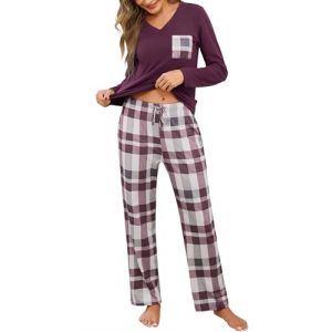 iClosam Pyjama Hiver Femme Col V Ensembles de Pyjama à 2 Pièces Pyjamas à Trois Poches Vêtements de Nuit avec Haut à Manche Longue et Bas de Pyjama à Carreaux (YICHANG-EU, neuf)
