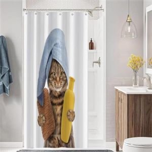 Hnmdmyi Rideau de douche amusant chat 90 x 180 cm, chaton marron mignon avec &eacute;ponge de bain shampooing et serviette bleue, rideau de baignoire pour enfants, dessin anim&eacute;, tissu polyester, imperm&eacute;able (Hnmdmyi, neuf)