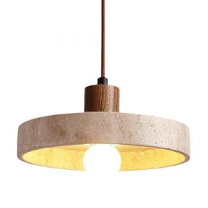 Luminaire suspendu rond, îlot de cuisine, lampe à suspension en pierre de grotte jaune, tasse en bois, éclairage de plafond suspendu long et réglable, lustre rétro Wabi Sabi en travertin jaune, (yingyuecang, neuf)