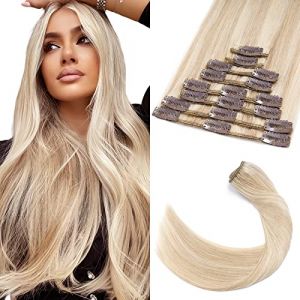 Extension a Clip Cheveux Naturel Rajout Vrai Cheveux Humain Lisse Human Clip in hair Extensions - 8 Bandes pour Cheveux Fin (#18+613 SABLE BLOND MECHE BLOND CLAIR, 30cm-55g) (Elailite Direct, neuf)