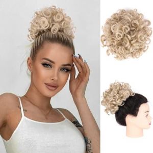Chignon, Grand chignon d&eacute;coiff&eacute; for femme! Chignon d&eacute;coiff&eacute; avec cordon de serrage, chouchous synth&eacute;tiques et pince boucl&eacute;e ondul&eacute;e.,&agrave; porter au quotidien(Bright gold) (zhujuan08, neuf)