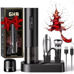 GHB Tire-Bouchon Electrique Rechargeable Ouvre Bouteille Electrique avec Socle, Coupe-Capsule, Verseur, Bouchon &agrave; Vin Cadeau de No&euml;l pour Les Amateurs de Vin (Incluse C&acirc;ble USB Type-C) (ALIN SAMER, neuf)