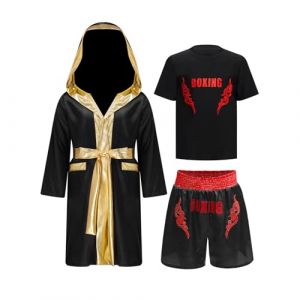 Oyolan Enfant Garçon Short de Boxe et T-Shirt Peignoir Robe de Boxe à Capuche Ensemble Combat Muay Thai MMA Kick Boxing B Noir Rouge 13-14 Ans (Oyolan EU, neuf)