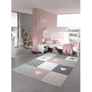 Tapis Enfants Tapis de Jeu Tapis bébé Fille avec Coeur étoile Rose crème Gris (160x230 cm) (Carpetia, neuf)