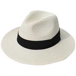 DRESHOW Femme Homme Chapeau de Paille Panama Chapeau Été Large Bord Chapeau de Soleil Anti-UV pour Plage Voyage Chapeau de Soleil (Dreshow, neuf)