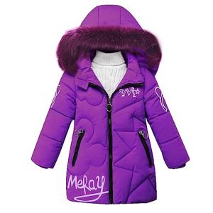 linboo Manteau Fille Doudoune Chaud Veste Hiver Blouson Enfant &agrave; Capuche Fourrure mi Long Parka Epaisse V&ecirc;tements de Ski, Violet, 6 ans (TBONBON-EU, neuf)