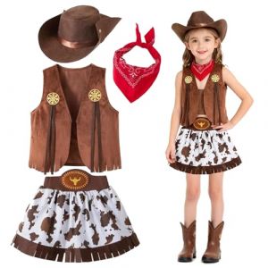 Yunlaishaocer Deguisement Cowboy Enfant,Western pour Fille avec Bandana,Gilet et Chapeau,Jupe Courte,Deguisement Cowgirl Enfant Fille,Cowgirl Costume pour Halloween Carnival Cosplay Party (5-6 ans) (XSFFaFa, neuf)