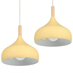 iDEGU Lot de 2 Lustre Suspension R&eacute;tro 24CM Suspension Luminaire Moderne Style Scandinave Plafonnier E27 M&eacute;tal Bois Lampe Suspension pour Chambre Salle &agrave; Manger Cuisine Salon (2 Pack Jaune Clair) (IDEGU, neuf)