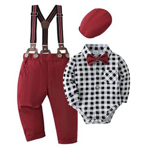 Amissz Vêtements Bébé Garçon Ensemble Gentleman, Tenue Bapteme Bebe Garcons Mariage Ceremonie Costume Bretelles Pantalons + Chemise + Nœud Papillon Plaid, 0-3 mois (Amissz-EU, neuf)