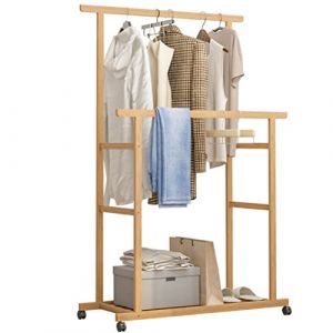 unho Portant &agrave; V&ecirc;tements en Bois: Penderie Vetements &agrave; Roulettes Solide Double pour Chambre Adulte Porte-V&ecirc;tement Sur Pied Multifonctionnel &agrave; 2 P&ocirc;les pour Dressing Salon - 160x80x40cm (UNHO, neuf)