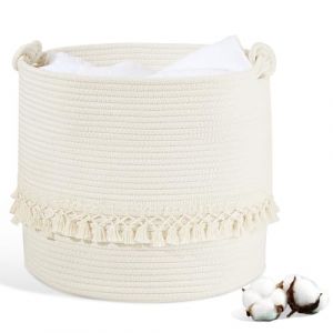 HDRNT Panier &agrave; linge tress&eacute; en coton de 38 l avec anse, panier de rangement pour bouteilles consign&eacute;es, panier de rangement pour jouets, organisateur de linge pour salle de bain (35 x 40 cm), blanc (kkfastshp, neuf)