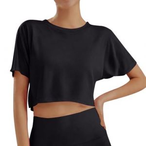 Tee Shirt Fille Manche Courte Col Rond a la Mode Crop Top Ado Fille &eacute;t&eacute; Fluide Ample Legere Mignon Confortable Casual Jogging Vacances Haut Blouse 10-16 Ans (Black, 10-11 Ans) (Vuncio, neuf)
