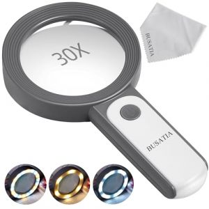 BUSATIA Loupe 30X, Grande Loupe avec 18 LED, Loupe de Poche Portatif, Loupe en Verre 100mm avec 3 Modes, Loupe Éclairé pour Lecture Loisirs - avec Un Chiffon à Lentille (Blanc + Gris) (CYONLINESTORE, neuf)