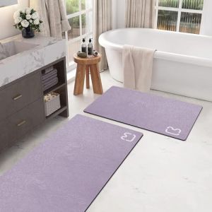 Lot de 2 tapis de salle de bain à séchage rapide – Tapis de bain antidérapant avec revers en caoutchouc – Tapis de bain fin et absorbant – Motif terre de diatomée – 40 x 60 cm + 49 x 120 cm – Lavande (CF Home, neuf)