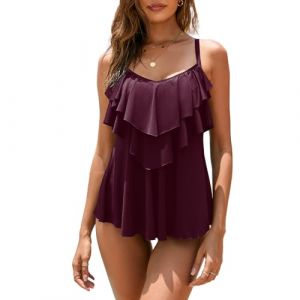 WIN.MAX Femmes Tankini Maillots de Bain Ensembles Taille Haute &agrave; Volants Volant 2 pi&egrave;ces Bikini Ensemble Maillot de Bain Grande Taille(Prune Profond,EU38) (HAIKUSWIM, neuf)