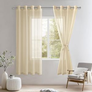 DWCN Lot de 2 Rideaux Voilages à Oeillets pour Fenêtre, Rideau Transparents avec Embrasses pour Salon Chambre d'enfant, Beige, 132x160cm (Largeur x Hauteur) (DWCN EU, neuf)