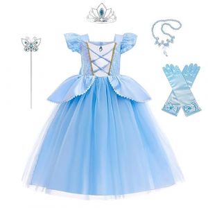 Lito Angels Deguisement Costume Robe de Princesse Cendrillon avec Couronne et Accessoires pour Enfant Fille Taille 4-5 ans, Bleu (étiquette en tissu 120) (Lito Angels FR, neuf)