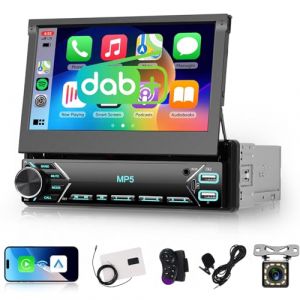 Dab Autoradio 1 Din avec Ecran Retractable de 7 Pouces, Hodozzy Écran Tactile Radio 1 Din avec sans Fil Carplay Android Auto, Bluetooth, Lien Miroir, EQ, FM, SWC, USB, Type-C + Caméra de Recul et MIC (Hodozzy Direct, neuf)