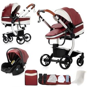 Nine point nine Cuir PU Poussette 3 en 1, Poussette Bebe avec Double Modes de Poussée Réversibles, Poussette Canne avec Grande Nacelle Confortable, Pousettes Cadre Aluminium Haute Paysage (B518 Red) (Kaiwen baby products, neuf)
