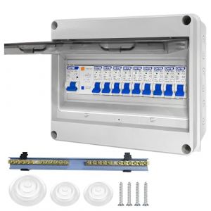 Coffret Electrique Etanche, Tableau Electrique avec Disjoncteur Diff&eacute;rentiel, Bo&icirc;tier de distribution &eacute;lectrique IP65 pour Caravanes/Garages/Ateliers/Villas, Disjoncteur 125A, 7x16A+2x20A (Aiqianfu, neuf)