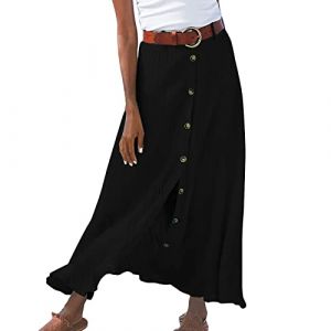 Jupe Mi-Longue Trapèze Femme Coton à Taille Élastique Décontractée Jupe Plissée Boutonnée sur Devant Jupes pour Printemps et été décontractée Ample Couleur Unie Jupes trapèze avec Poches Taille (Kincool, neuf)