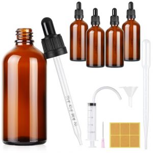Furuising Lot de 4 Flacons Compte-gouttes de 100ml, Flacons en Verre avec Pipettes, Ambre Bouteilles Compte-gouttes, Bouteilles de Pipette avec 3ml Pipettes pour Huiles Essentielles Aromath&eacute;rapie (Furuising, neuf)