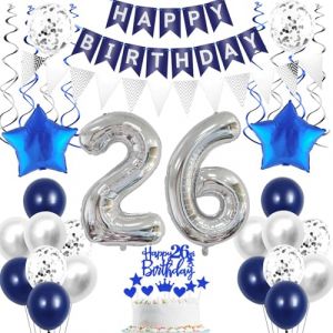 Décoration 26 Ans Anniversaire - Ballons Argent et Bleu - Décoration Gâteau pour Homme et Femme (Crazy-M, neuf)