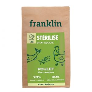 FRANKLIN - Croquette pour Chat Adulte Stérilisé - Gamme Carnivore - 70% De Viande & De Poisson - Croquettes sans Céréales - Riches en Protéines - Fermeture Intégrée - Taille 9mm - 6 kg (Franklin Pet Food, neuf)