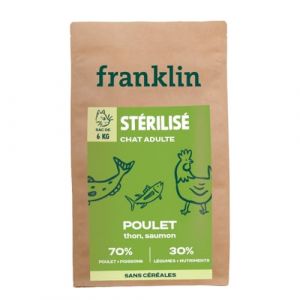 Franklin Carnivore – Croquettes Chat Stérilisé – 6kg – sans Céréales – 70% de Viande et de Poisson – Contrôle du Poids – Taille 9mm– Poulet, Thon, Saumon (Franklin Pet Food, neuf)