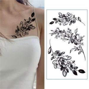 Autocollants de tatouage noir et blanc, imperméables, durables, pour femmes, roses, papillons, fleurs unies esthétiques(A2) (CHJWEIHHERT, neuf)