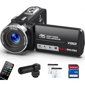 Caméscope 4K 30FPS Caméra Vidéo 80MP Zoom Numérique 18X Caméra Vlogging pour YouTube Vision Nocturne IR Écran tactile IPS 3.0" Caméscope avec Carte SD 32 Go, Microphone, Télécommande et 2 Piles (Trusher Trade EU, neuf)