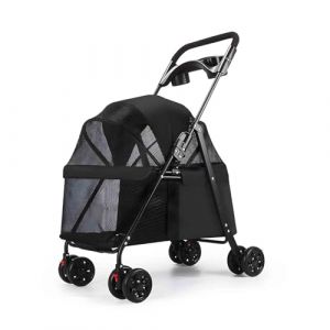 Poussette pour chien animaux &agrave; 4 roues, design pliable avec hublot a&eacute;r&eacute;, con&ccedil;ue pour les chiens et chats de petite et moyenne taille - 75 x 49 x 94cm (Noir) (CHEOJHGFJBJK, neuf)