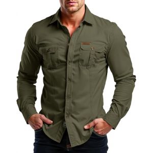 Misfuso Chemises Homme en Coton &agrave; Manches Longues Mod&egrave;le Randonn&eacute;e Style Cowboy Col Montant Tenue Tactique Usage Ext&eacute;rieur/Travail Look Safari Uni et D&eacute;contract&eacute; 2 Poches Vert Militaire XXL (Kuson, neuf)
