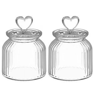 HomeyHoney Bocaux en Verre,Bocal en Verre avec Couvercle en Forme de C&oelig;ur, Lot de 2 Bocaux de Conservation Herm&eacute;tiques,650 ml Bocaux Rangement Cuisine pour Bonbons, Chocolats, Biscuits,Rayures (HomeyHoneyFR, neuf)